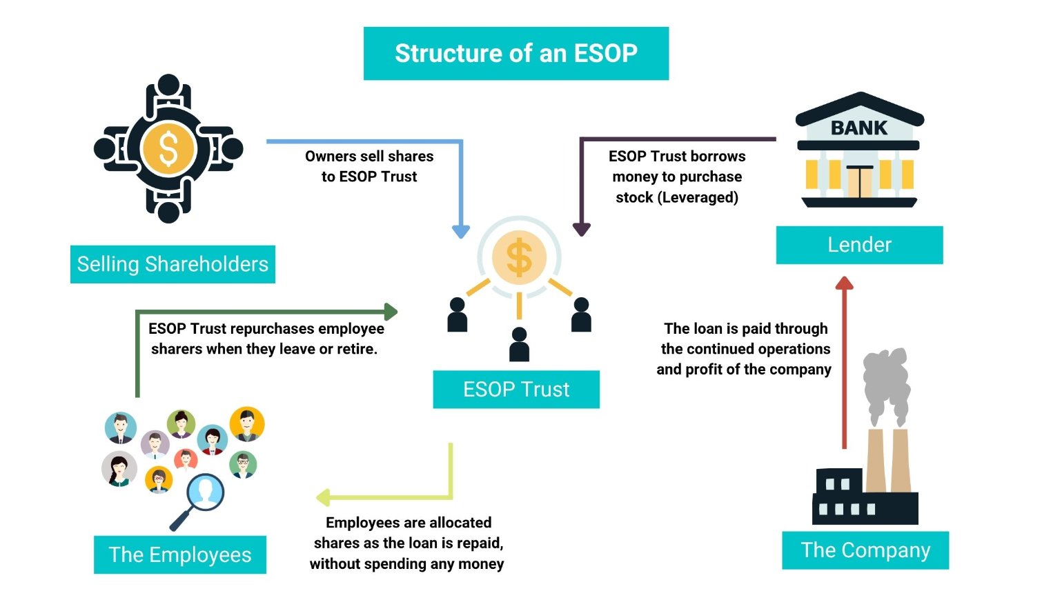 Diagram titled Structure of an ESOP showing flows among selling shareholders, ESOP trust, employees, a lender, and the company.