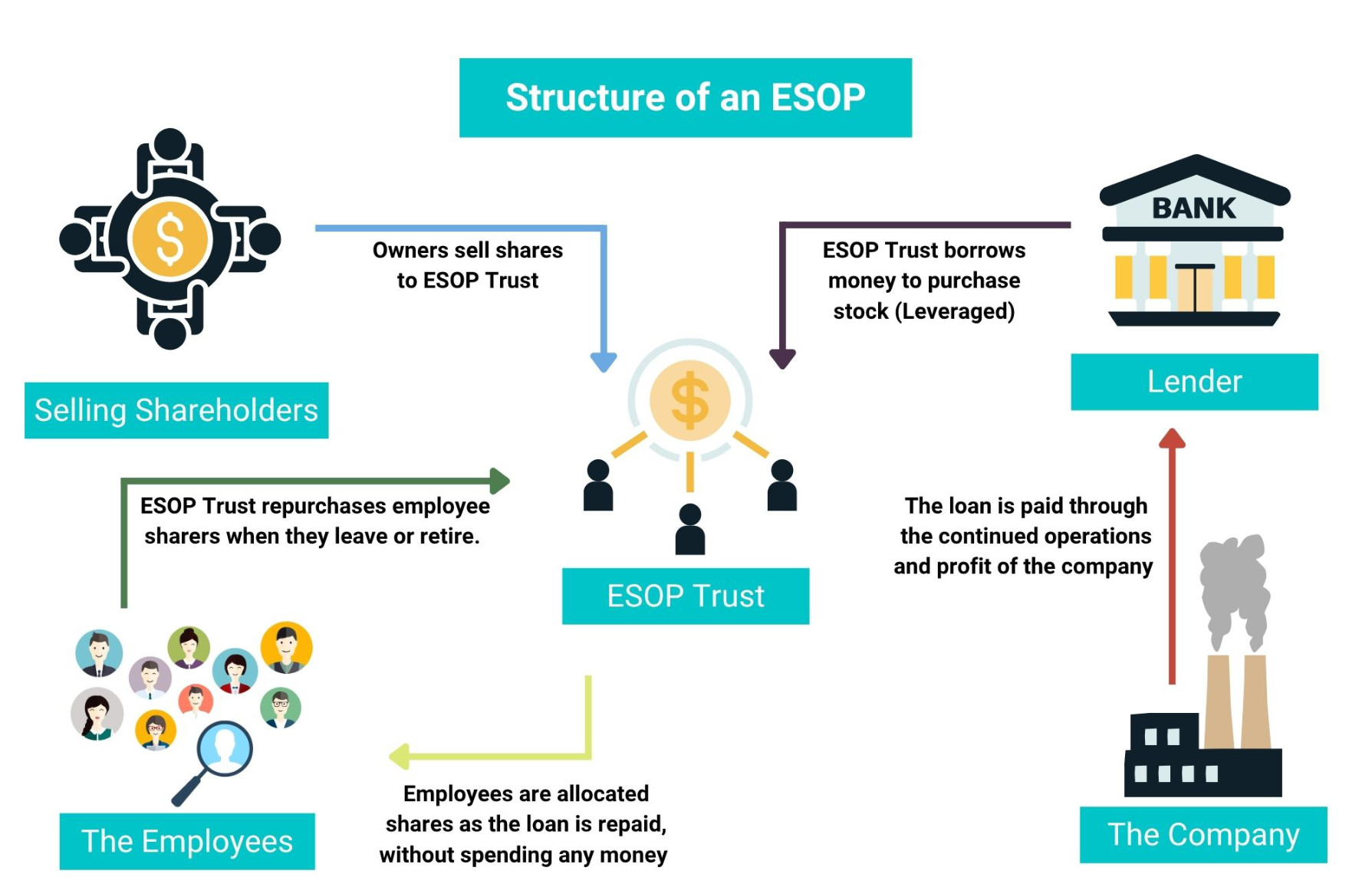 Diagram titled Structure of an ESOP. Selling shareholders sell shares to the ESOP trust. The ESOP trust borrows money from a lender to purchase stock (leveraged). The loan is paid through the continued operations and profit of the company. Employees are allocated shares as the loan is repaid, without spending any money, and the ESOP trust repurchases employee shares when they leave or retire.